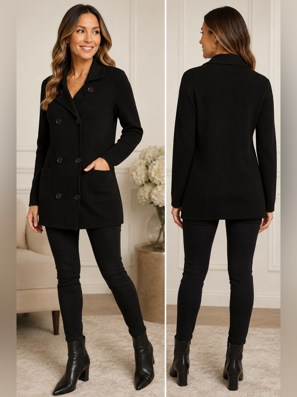 Henri Bendel Black Ribbed Knit Double Breasted Sweater Blazer Jacket